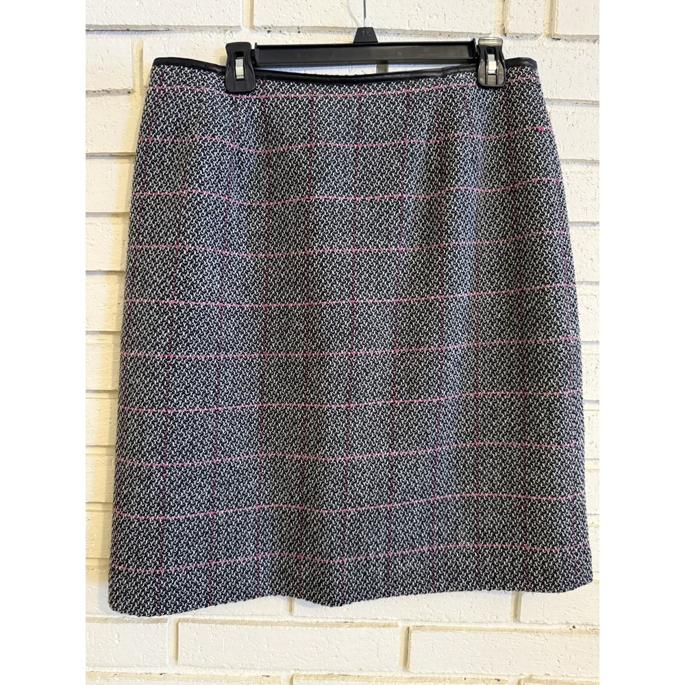 Talbots Plaid Pencil Skirt 14P Petite Wool Blend Black Red Check Faux Leather